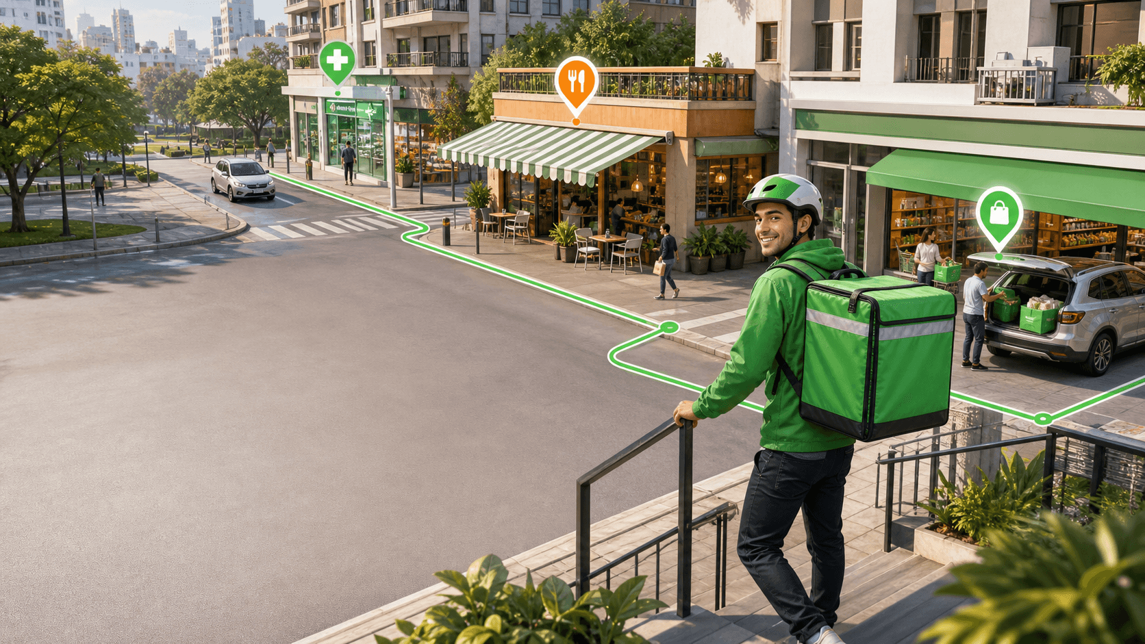 Repartidor de Rapimas recorriendo una zona urbana con comercios